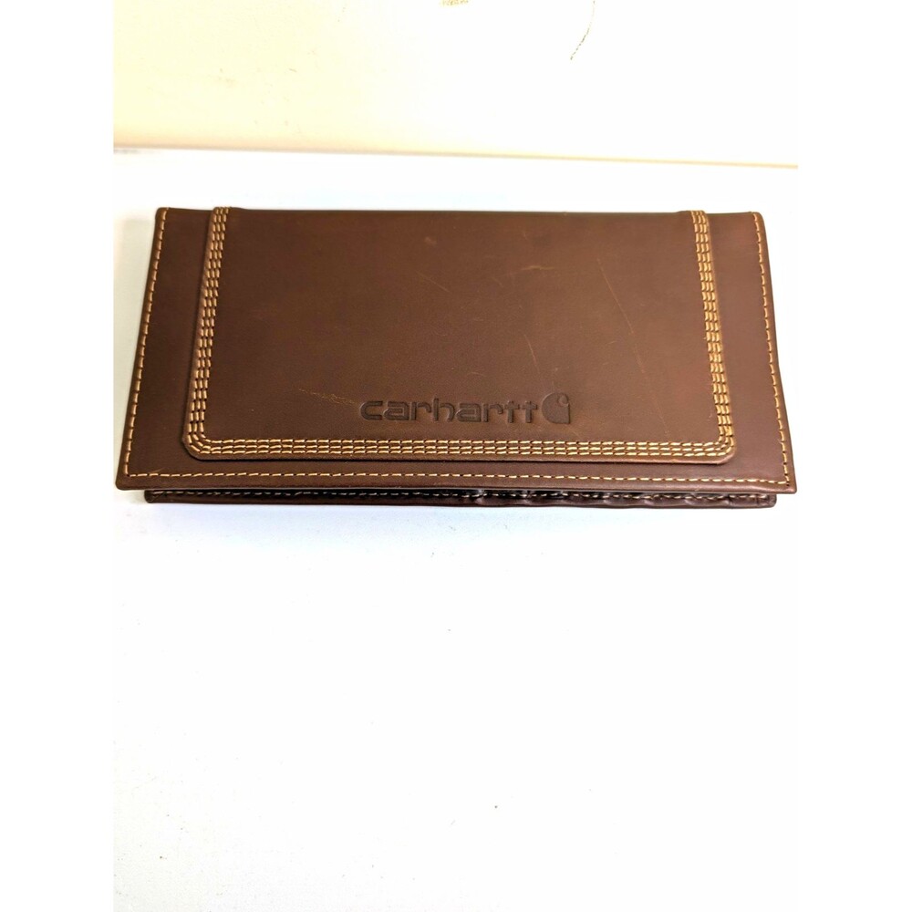 Carhartt Men's Brown/Tan Leather Canvas Bifold Wallet w/ Logo, Stitched